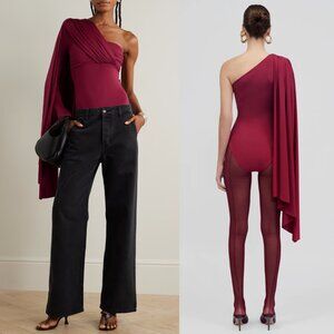 Maygel Coronel Burgundy Stretch Knit One Shoulder Drape Vionnet Bodysuit